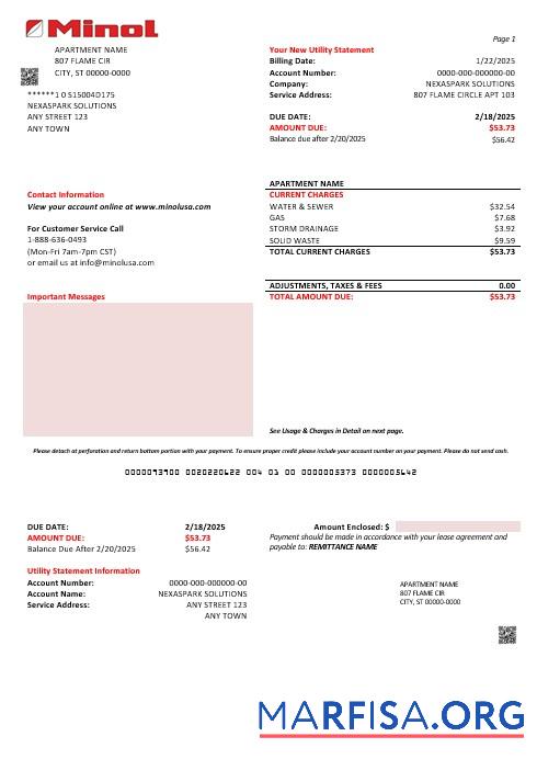 Realistic USA Texas Minol business utility bill template in Word and PDF formats